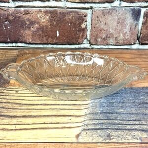 Vtg MCM Indiana Glass Clear Pretzel Glass Oblong Pickle Dish Handles Basketweave